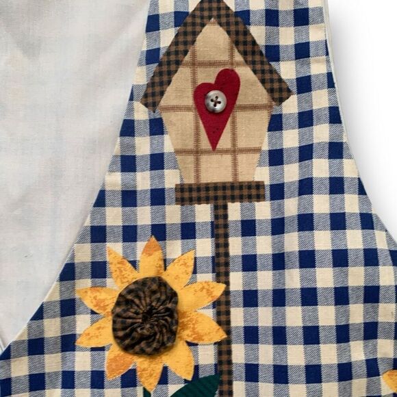Vintage Handmade Vest Blue White Gingham Checks Sunflower Buttons Open Front - Picture 10 of 14